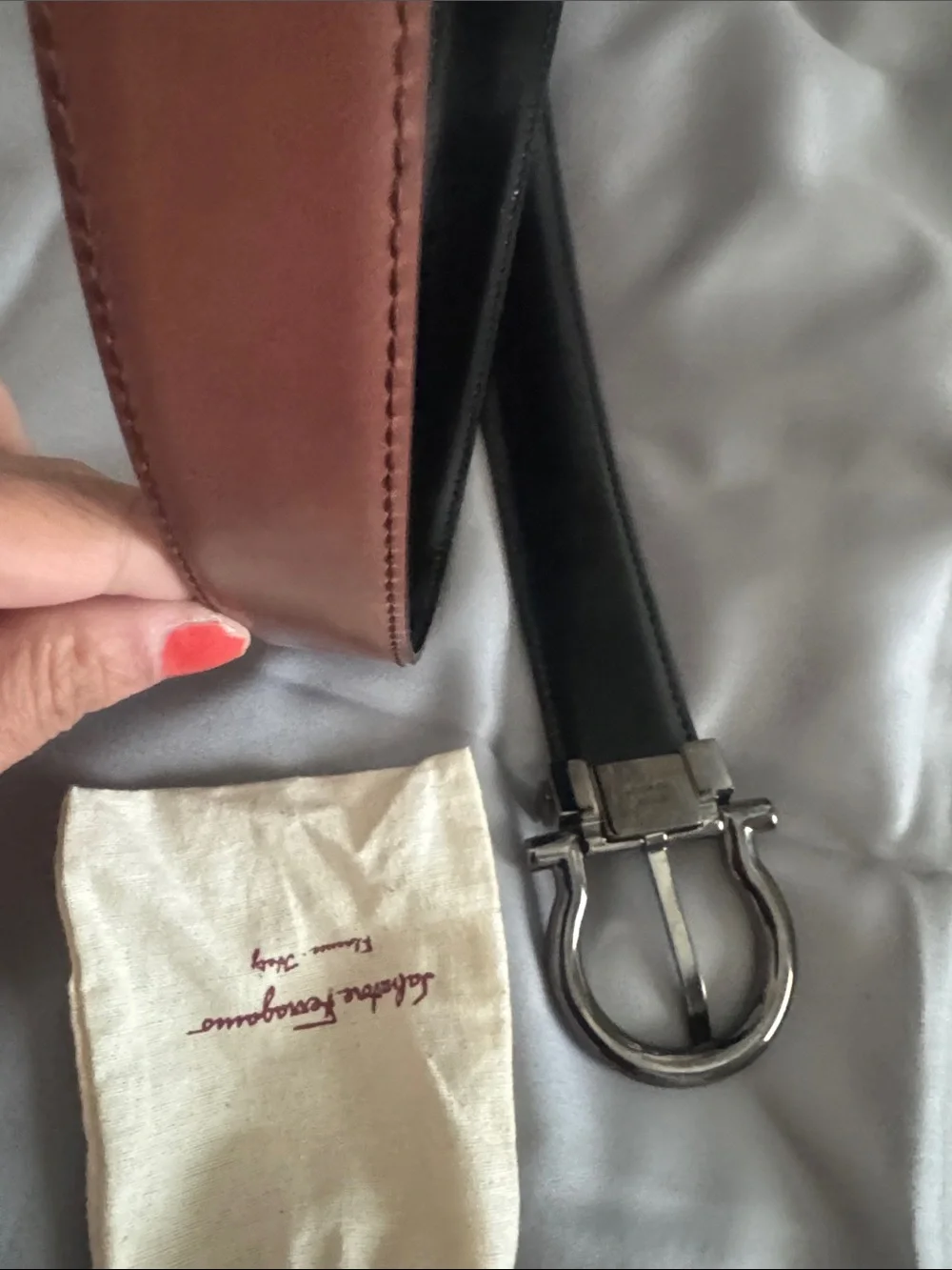 Salvatore Ferragamo Men’s Brown /black Leather Belt with Silver Gancini Buckle